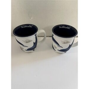 SeaWorld Whale Mugs Set of 2 Ceramic Blue White Ocean Theme Nautical Coffee Cups